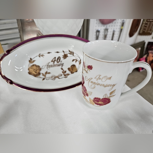 Set Chatillon Ruby Rose Dish Fine China Trinket + Georgian 40th Anniversary Mug - Picture 1 of 8